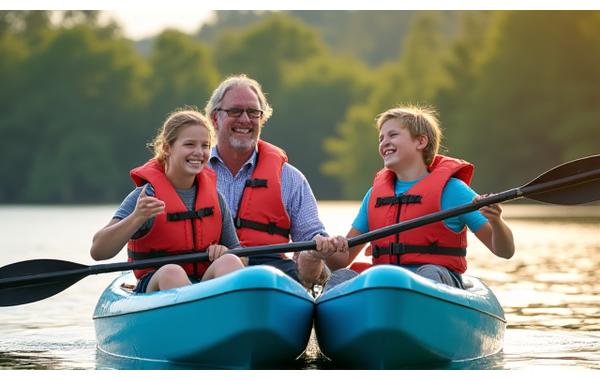 Family with young children kayaking together cheerfully