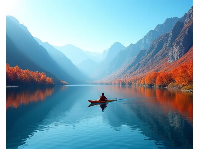 Paddler navigating through a serene mountain lake with autumn foliage