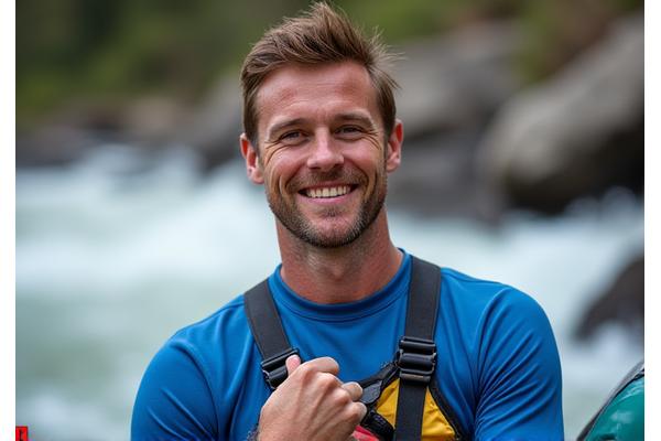 Portrait of Alex Thorne, a kayaking expert with a paddle