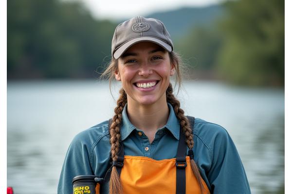 Portrait of Maya Rodriguez, a kayaking expert with a waterproof bag