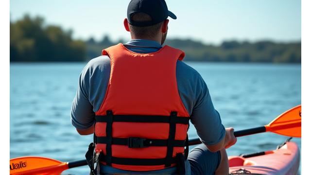 A kayak angler wearing a life jacket and using a leashed paddle, emphasizing safety and preparedness on the water.