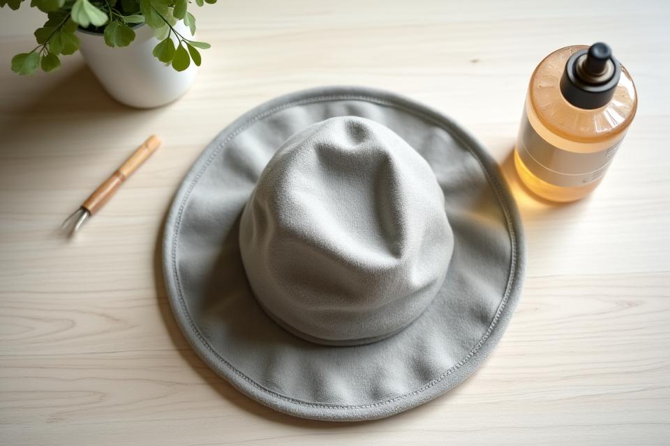 A clean, dry kayaking hat resting on a wooden surface next to a specialized fabric cleaner, ready for storage.