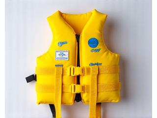 Bright yellow youth life jacket with fun graphics and child-friendly buckles.