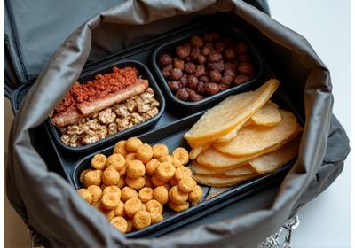 Neatly packed food containers and dry rations inside a dry bag for a kayaking trip.